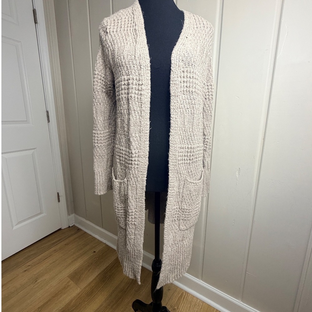 Universal Thread Womens Open Front Longline Waffle Knit Cardigan Beige Small